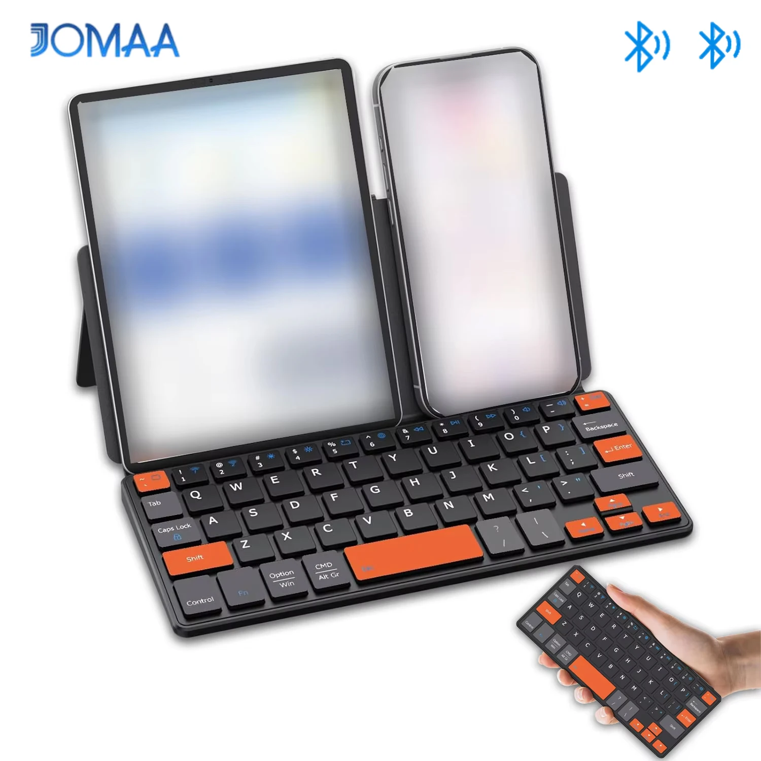 JOMAA Bluetooth Mini Keyboard, Wireless Compact Keyboard with Orange Navigation Keys & Any-Angle Stand for Android/iOS/Windows