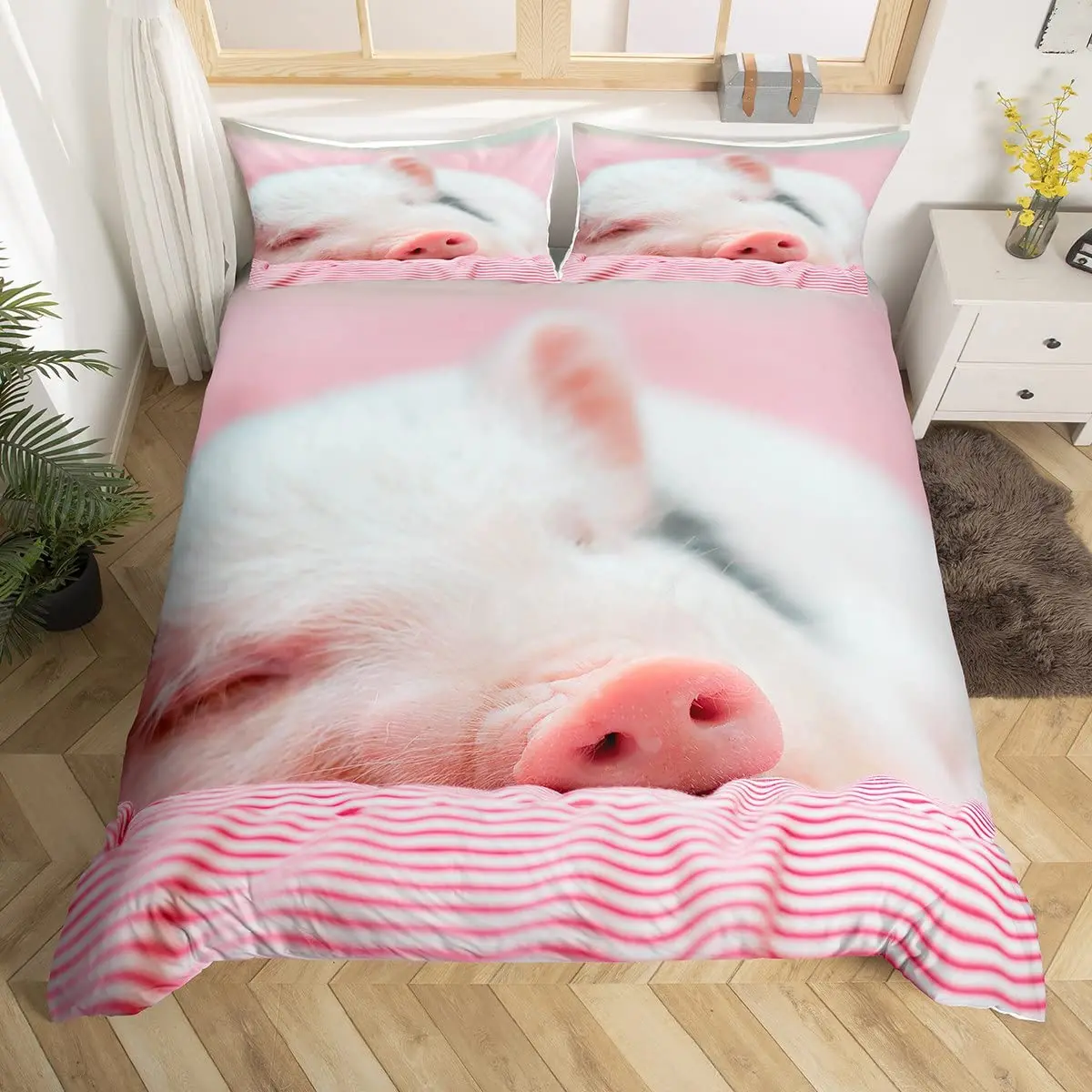 Pig Duvet Cover King Twin Lovely Cartoon Piggy Comforter Cover,Girls Pink Bedding Set Kawaii Farm Animal Microfiber Quilt Cover