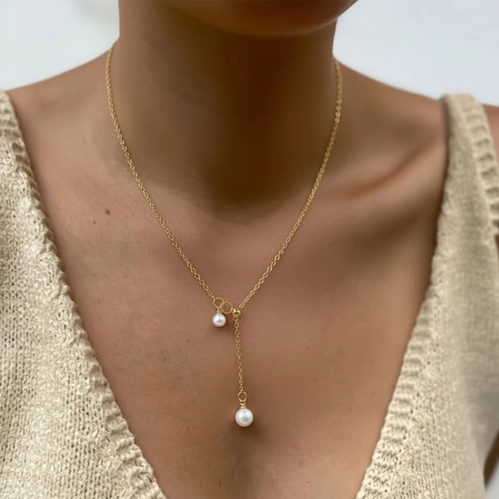 1 Pc  Y Drop Necklace,Adjustable Lariat Chain with Dual Pearl Charms,Minimal Elegant Jewelry for Women,Daily Dating&Valentine’s
