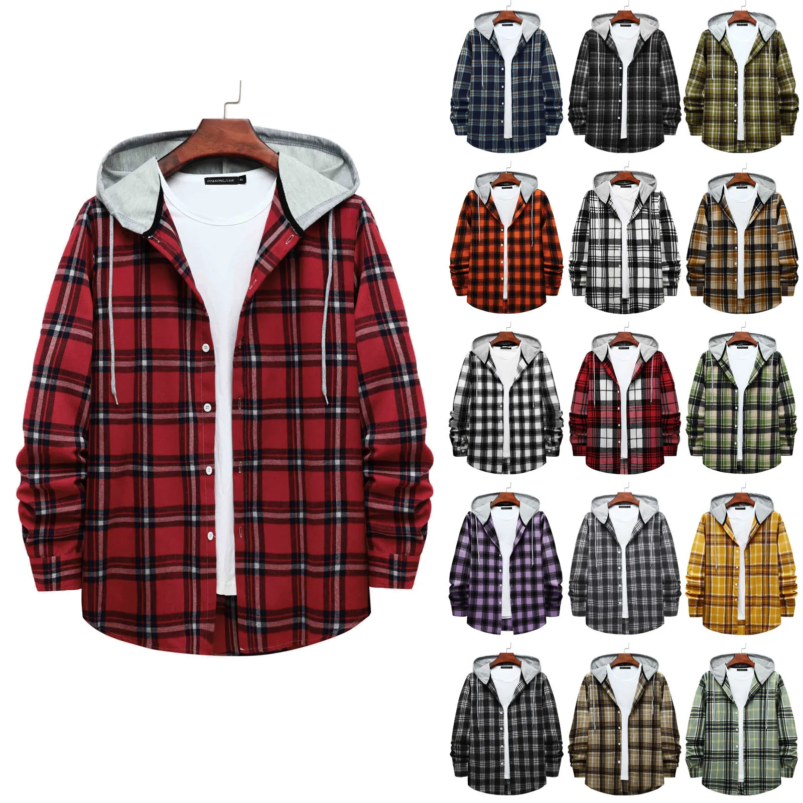 

Men Men Casual Red Plaid Print Shirt Hooded Oversized Casual Shirt Men's Clothes European American Style Handsome Men Holiday