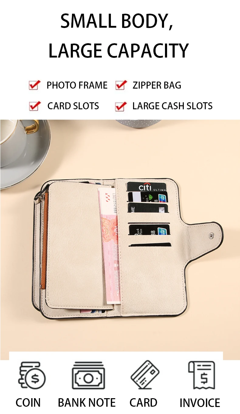 Damen-Geldbörse, dreifach gefaltet, lang, aus Wildlederimitat (PU), mit Druckknopfverschluss und Reißverschluss, viele Kartenfächer, großes Fassungsvermögen, Damen-Clutch-Geldbörse. – Detail 7