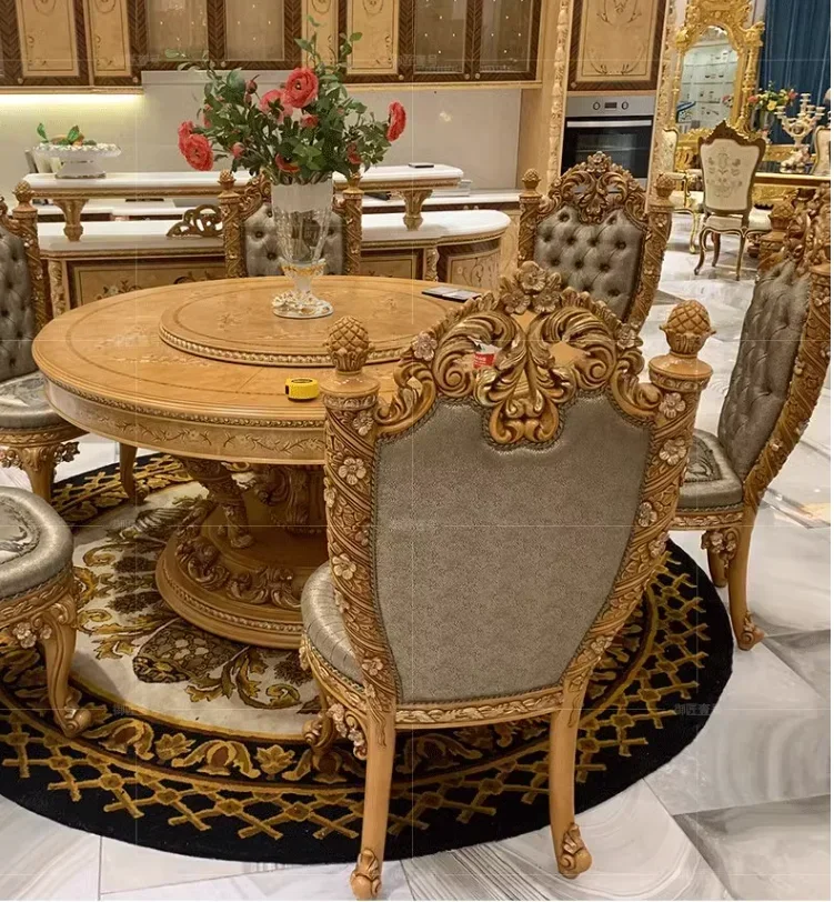 Luxury European round table dining chair neoclassical solid wood carved dining table and chair combination