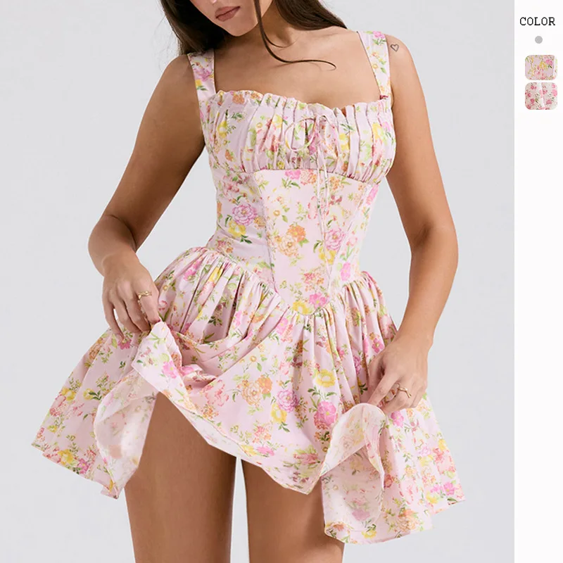 European and American Sexy Summer Dresses, Floral Suspender Dresses, Slim Fitting and Slimming, Ballet Style Fluffy Small Skirts