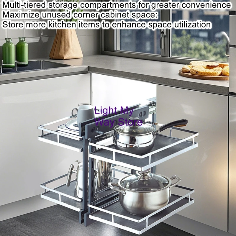 

Double-Layer Storage Built-in Shelf Pull-Out Cabinet Corner Basket Fully Extendable Wooden Corner Panel