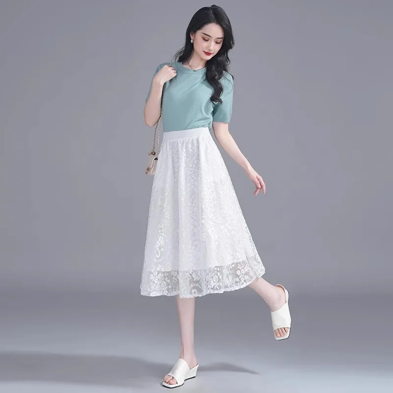 تنورة مظلة بيضاء للنساء، خصر عالي، متوسط الطول، نمط صيفي رقيق، تنورة منتفخة أنيقة ومتعددة الاستخدامات