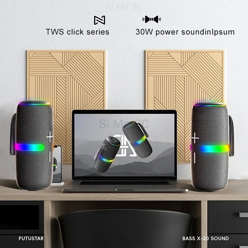 30W กล่องซูเปอร์เบสบูม RGB ลำโพงบลูทูธกันน้ำแบบพกพาเสียงรอบทิศทาง TWS ความถี่เต็มความถี่ทวีตเตอร์ลำโพงบลูทูธ TF