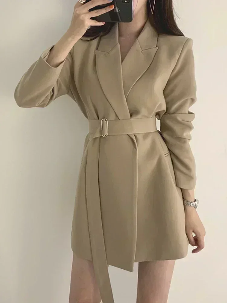 

Korean Autumn Office Wear Women Cropped Blazer Jacket Mid-length Belt Tops Black Blazers for Women Clothing Outerwear Chic Coats