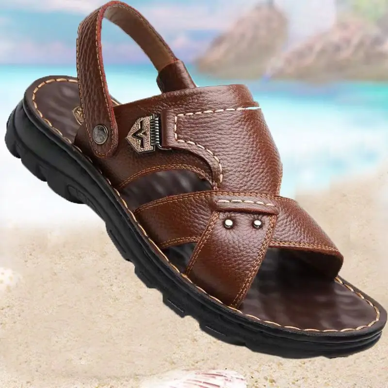 Men's Sandals Leather Soft Sole Breathable, Non-slip and Wear-resistant Wear Thick Soled Casual Beach Shoes Men Leather Sandals