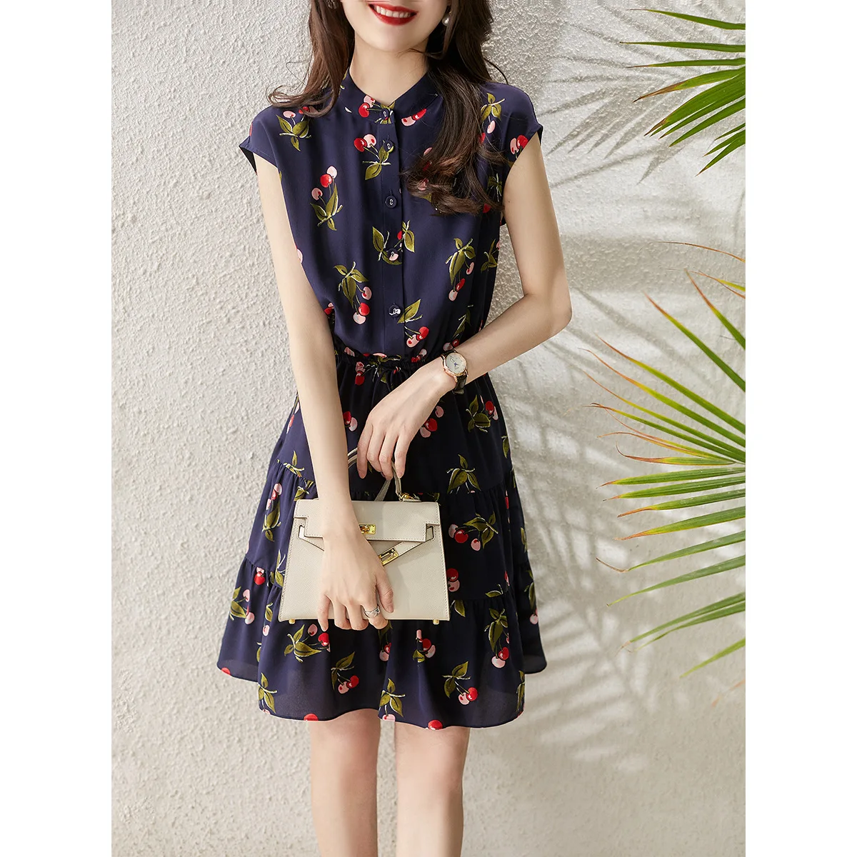 

French Style Dress for Women, Cherry Print, Draw String, Lacing, Mini Sweet Dresses, Girl Clothes, High Quality, Summer,New,2024