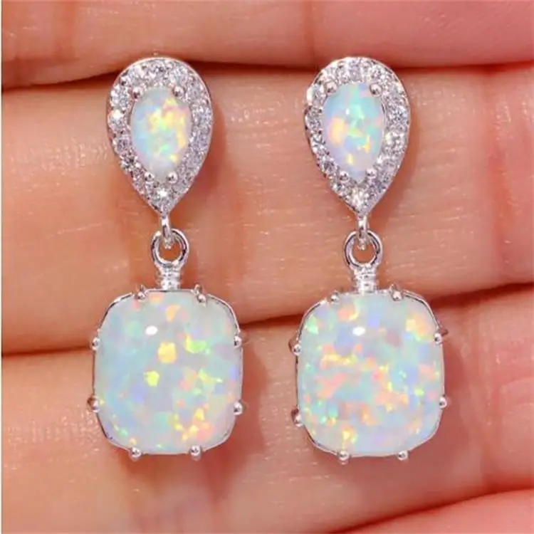 Classic Square White Fire Opal Cubic Zirconia 925 Silver Needle Earrings Wholesale Fashion for Women Birthstone Jewelry Earring