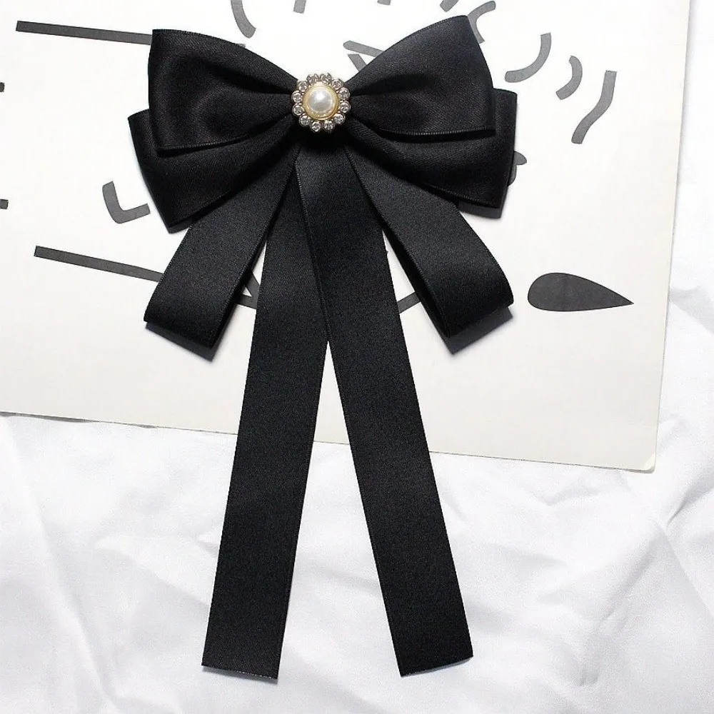 Luxury Rhinestones Black Ribbon Pin Pearl Multi-layer Black Bow Necktie Love Heart Pin Ribbon Badge Brooch Parties