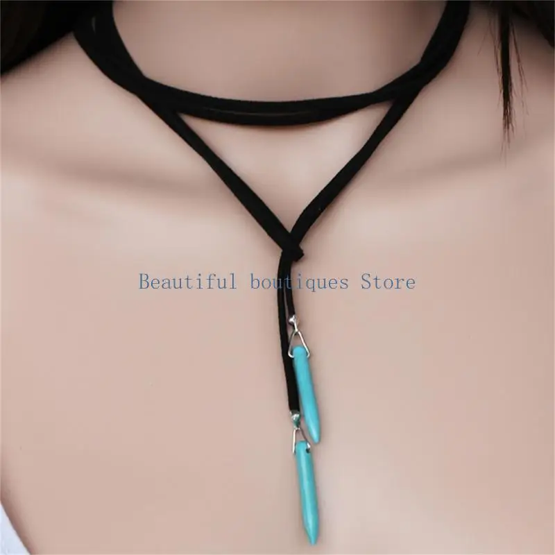 U4LF Fashion Choker Necklace Charm Long Rope Collar Black Brown Color Leather Velvets - view 5