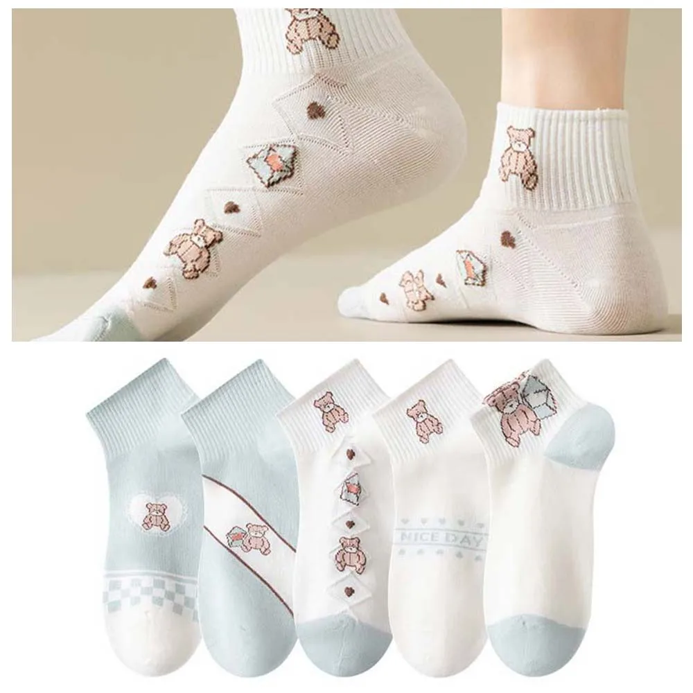 Cute Cotton Cartoon Bear Socks Korean Style Sweat-absorbent Bear Short Socks Thin Light Blue Casual Hosiery Women