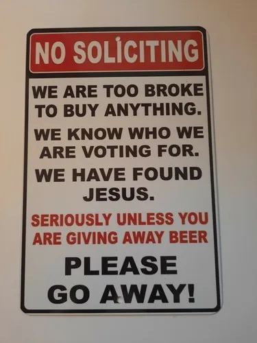 No Soliciting Please Go Away  Metal Wall Sign Funny Garage Man Cave