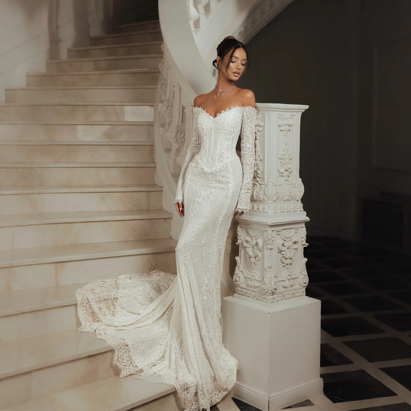 Sharon Said 2026 Luxury Off Shoulder Wedding Dress Long Sleeve Corset Mermaid Floral Lace with Veil Bride Gown SW135 Customized