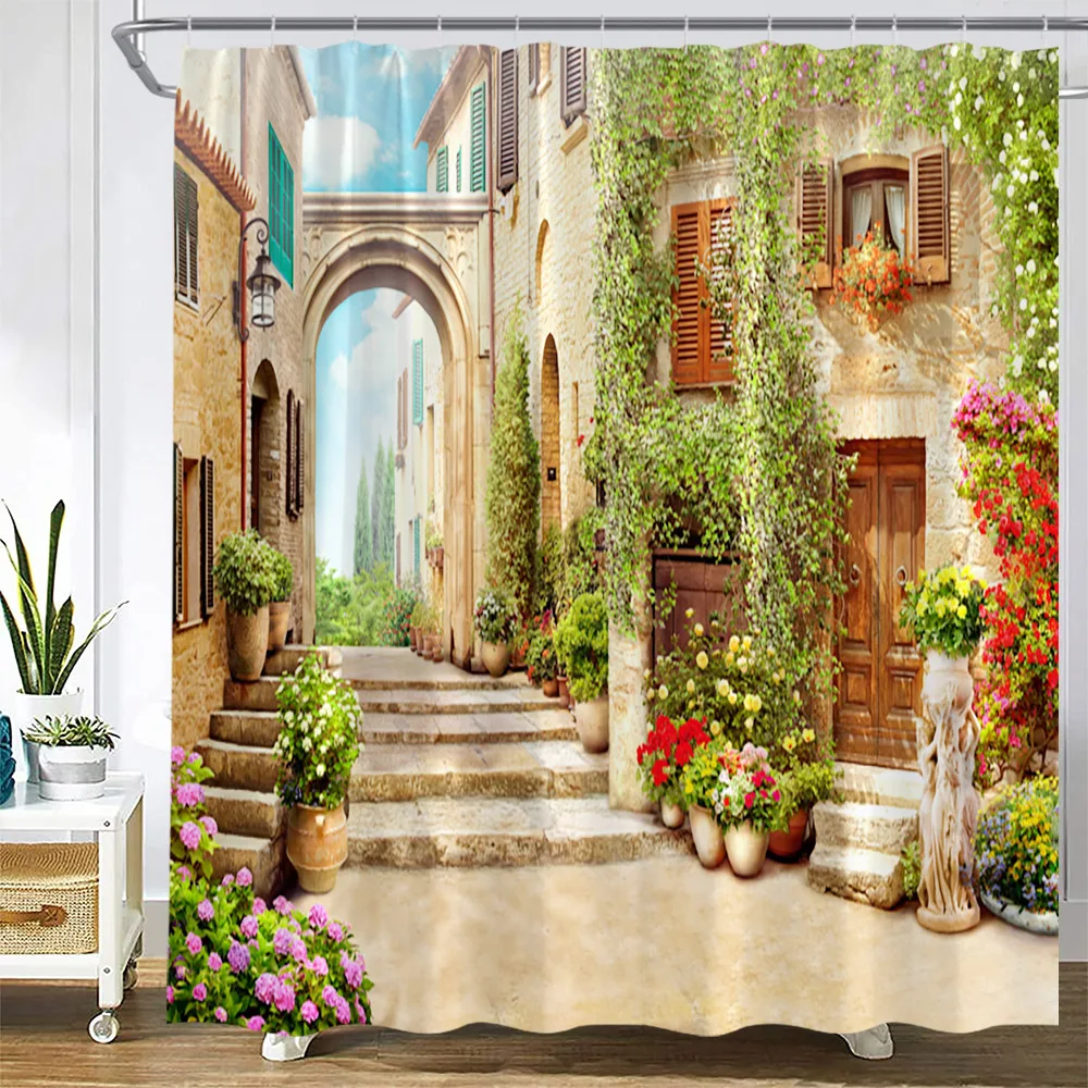 Flowers Shower Curtains Retro Street Wall Fence Nature Floral Plant Garden Scenery Wall Hanging Bathroom Decor Bath Curtain Set