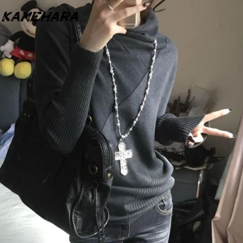 

KAMEHARA Japanese Y2k 2000s Style Crop Tops Vintage Worn Slim Autumn Gothic Flared Tees Chic Harajuku 90s Low Waist Slim Shirts