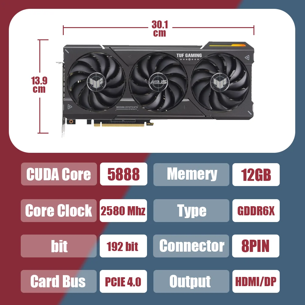 Видеокарта ASUS TUF RTX 4070 OC 12G, Видеокарта ASUS NVIDIA RTX 4070 серии GDDR6X, видеокарта 12 Гб, графический процессор GPU бит PCIE4.0