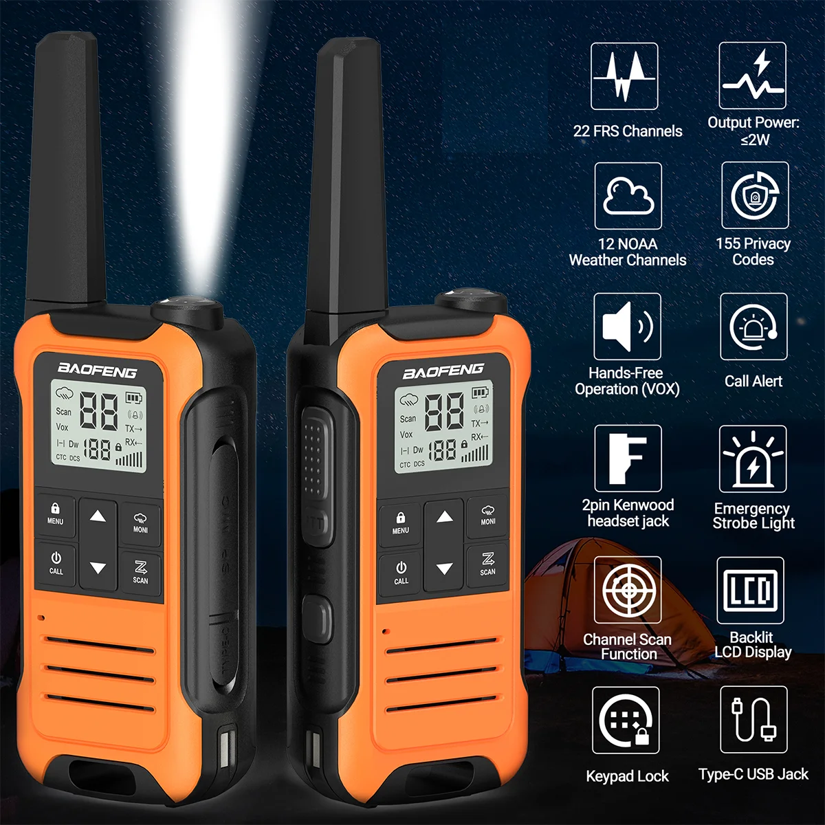 2pcs Baofeng F22 Mini Walkie Talkie PMR FRS Long Range Rechargable Flashlight Kids Two Way Radio Type-C Charger for Camping Trip