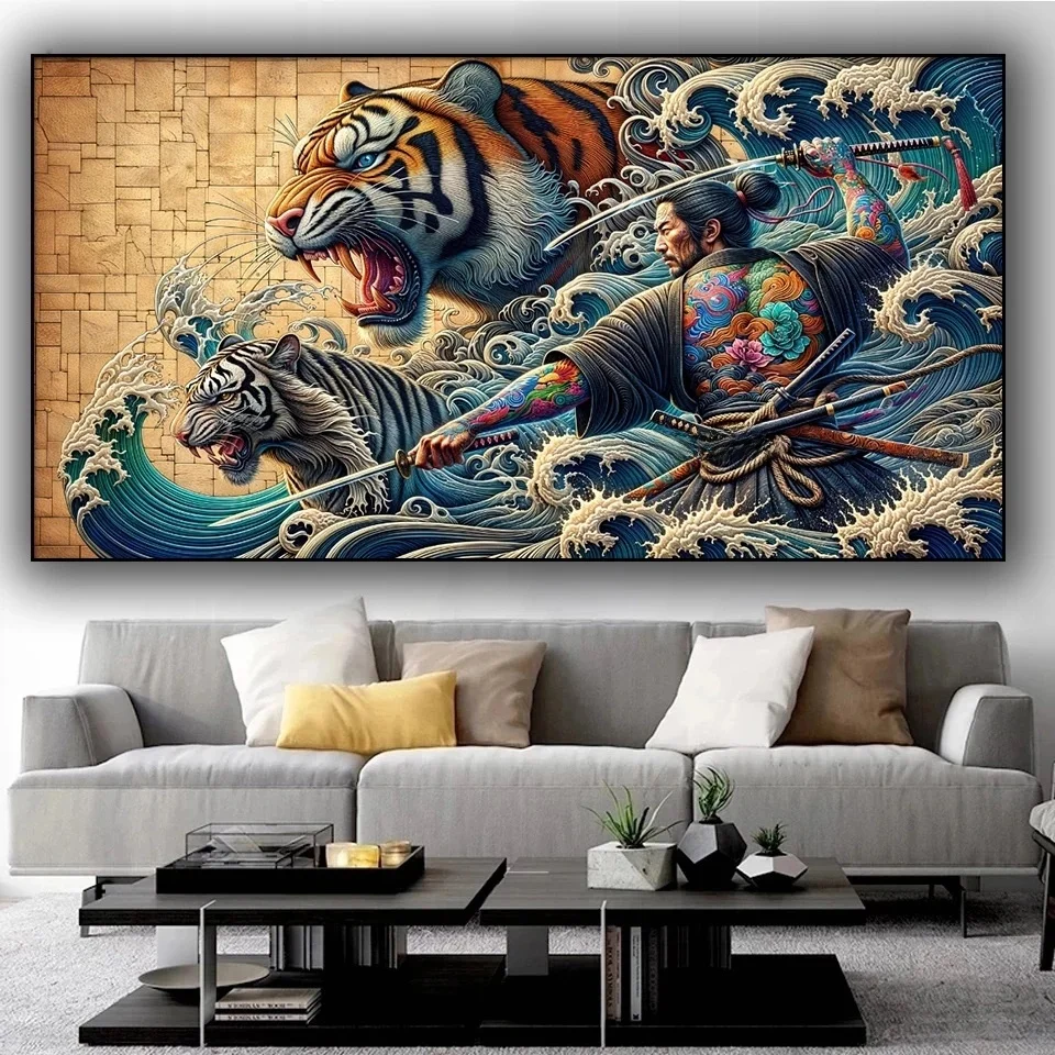 Fierce Tigers Tumultuous Waves 5D Diy Diamond Painting Large Size Full Japanese Warrior Sword Diamond Mosaic Cross Stitch Kits