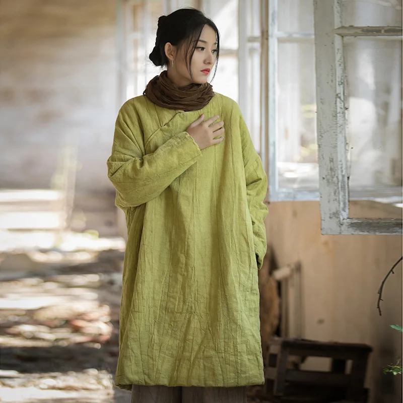 Autumn Winter Cotton Linen Coat Women's Warm Retro Harajuku Button Warm Cotton Padded Jacket Design Long Robe Parka Mujer