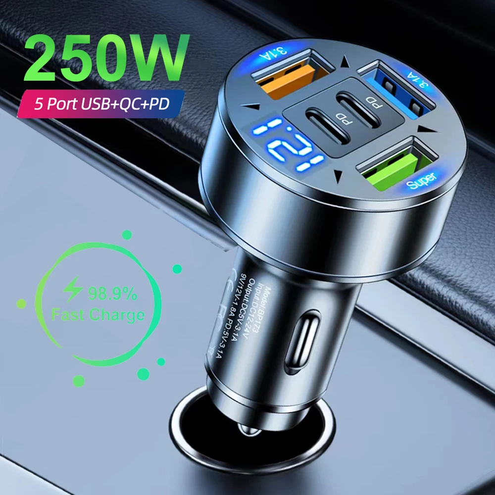 250W Car Charger Fast Charging 5 Ports PD QC3.0 USB C Car Phone Charger Adapter With Voltage For iPhone Samsung Huawei Xiaomi