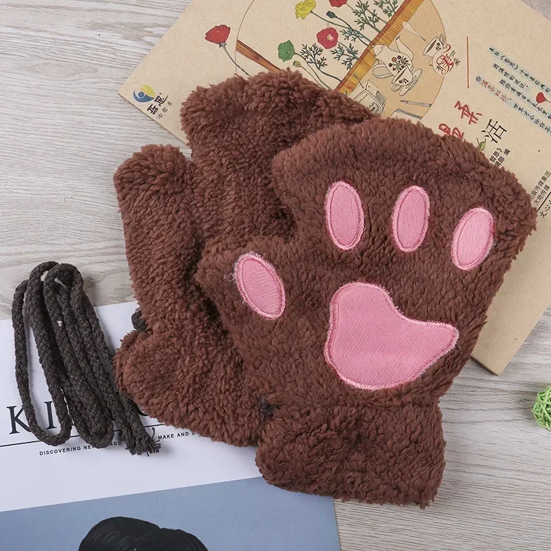 Fashion Girls Lovely Cat Claw Paw Plush Mittens Warm Soft Plush Short Fingerless Women Leisure Bear Cat Gloves Half Finger Gifts