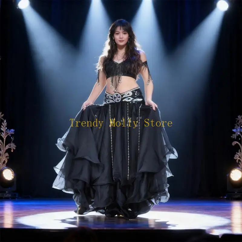 Gonna svasata danza del ventre in multicolore N5KB Costume pratico in poliestere con design a 3 strati con bordo per