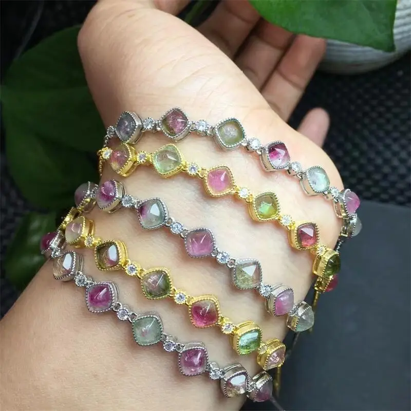 

S925 Natural Watermelon Tourmaline Cube Bracelet Crystal Reiki Gemstone Fashion Jewelry Fengshui Women Healing Gift 1pcs