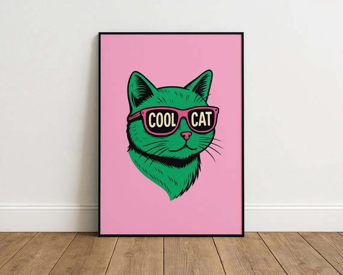 Retro Cool Cat Wanddekor - Auffällige Grafische Illustration einer Hellgrünen Katze mit Rosa Sonnenbrille und "COOL CAT" Schriftzug