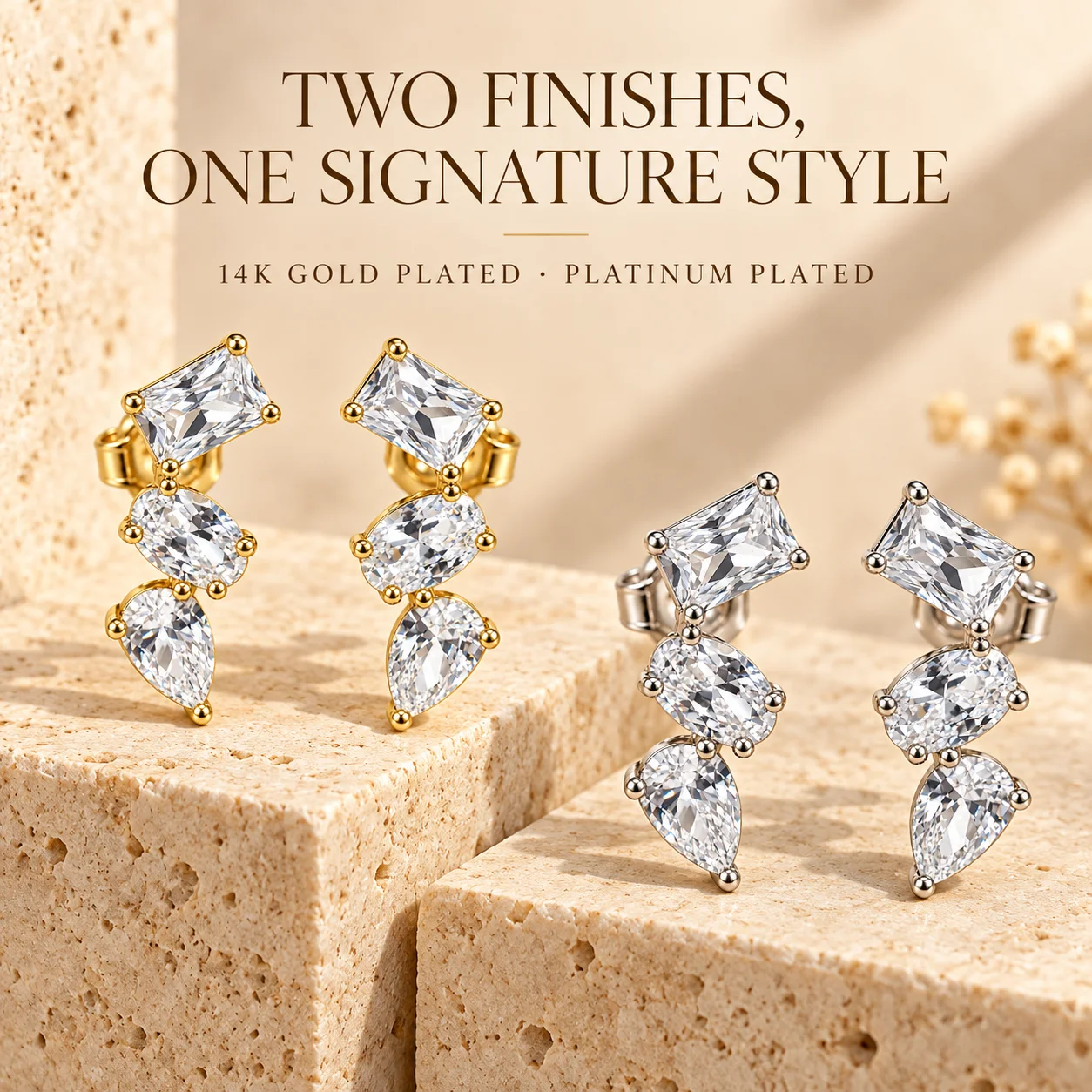 Moonmory Geometrische Drei-Stein-CZ-Ohrstecker für Damen 5A Ovaler Birnen-Zirkon Messing 14K Gold Doppelt Vergoldeter Schmuck Großhandel – Detail 2