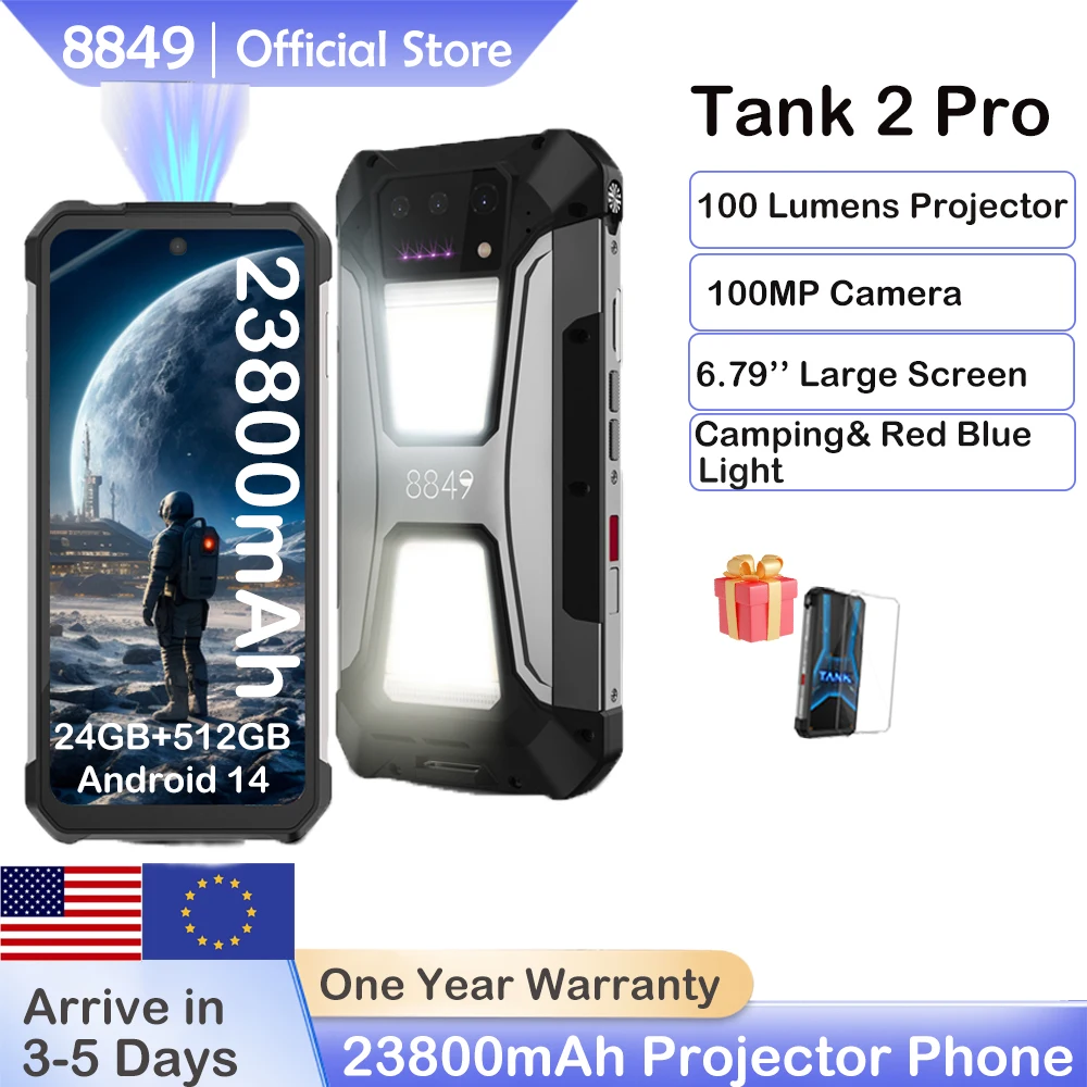 8849 Tank 2 PRO Projector Rugged Smartphone 23800mAh Android 24GB 512GB 100MP Camera 2.4K 120W Fast Charge Dual Sim Outdoor