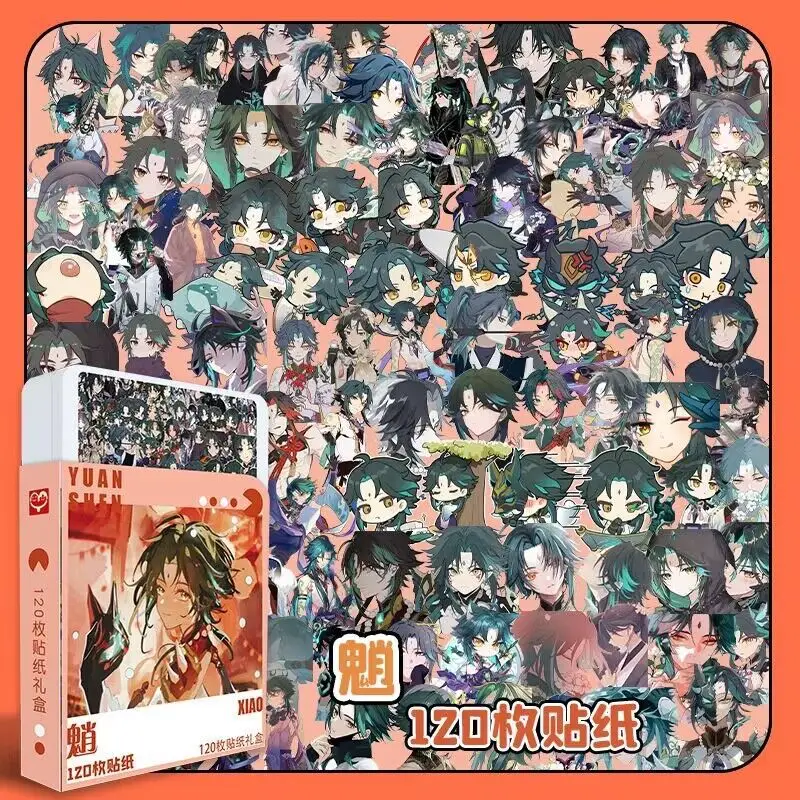 120 PCS Anime Genshin Impact Cute Stickers XIAO HUTAO VENTI Figure Label Sticker For Cup Phone Laptop Guitar Luggage Decoration