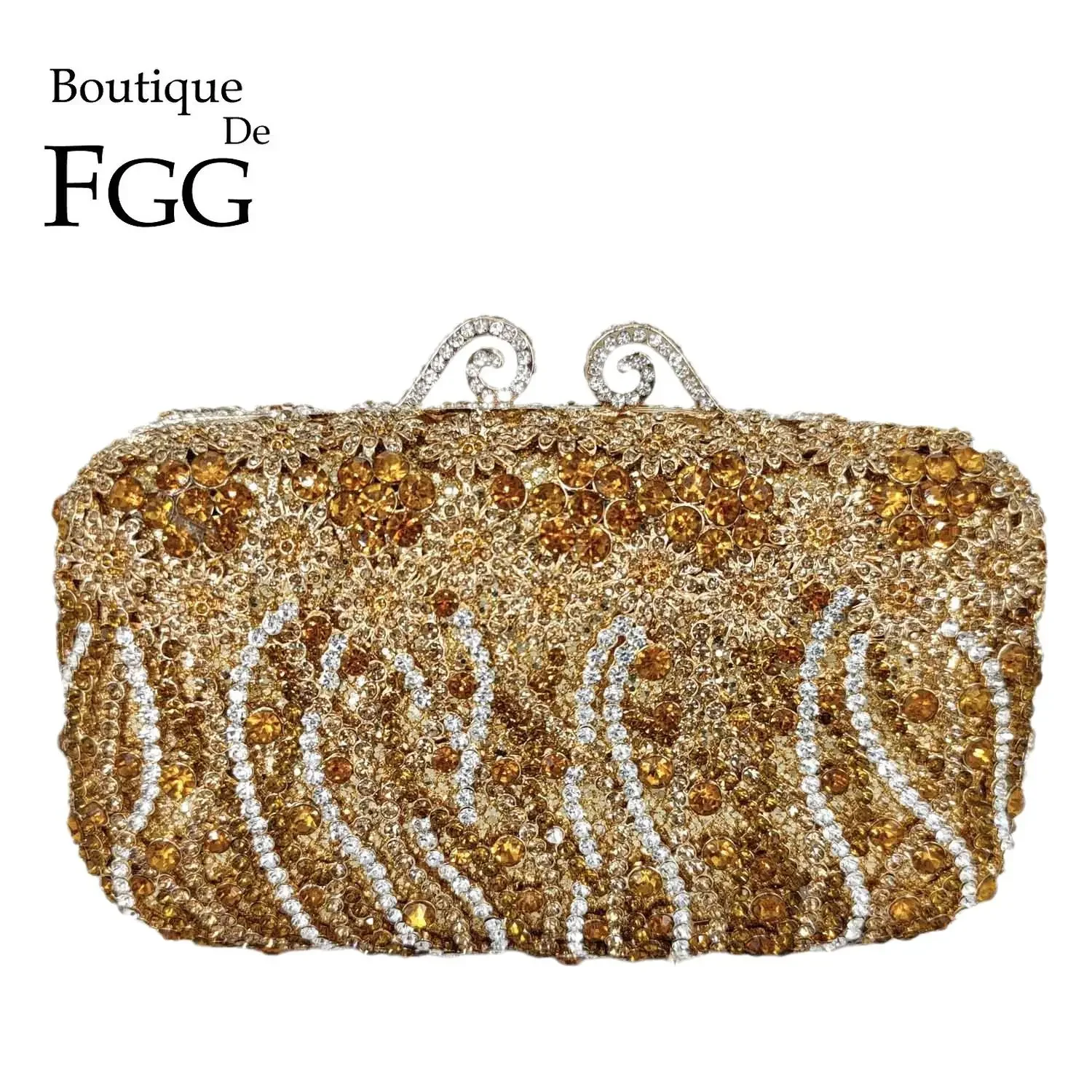 

Boutique De FGG Luxury Brown Women Flower Crystal Clutch Evening Minaudiere Bags Bridal Rhinestone Handbags Wedding Party Purse