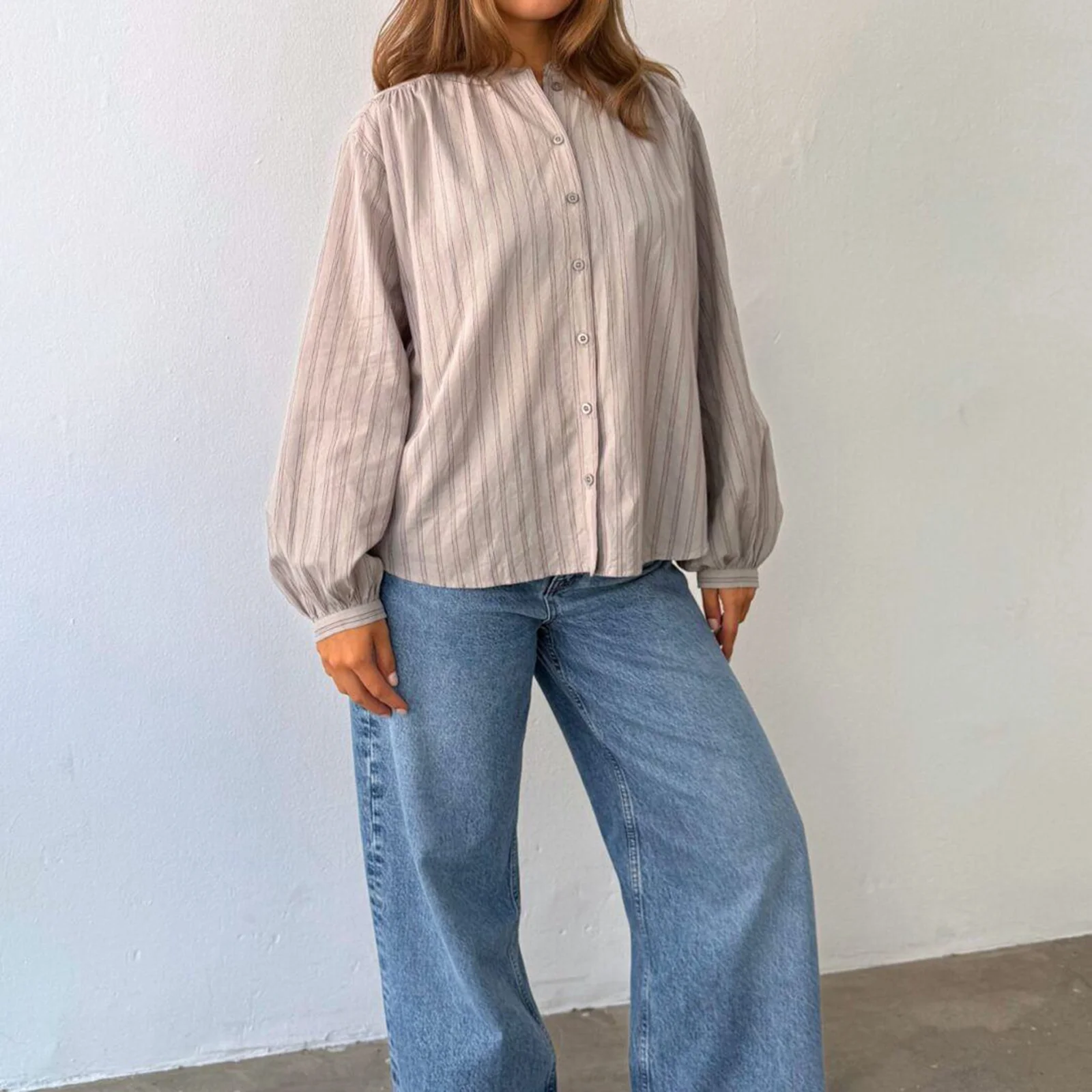 

New Womens Loose Button Down Shirts Long Sleeve Solid Color/Stripes Print Tops Fall Blouse For Streetwear