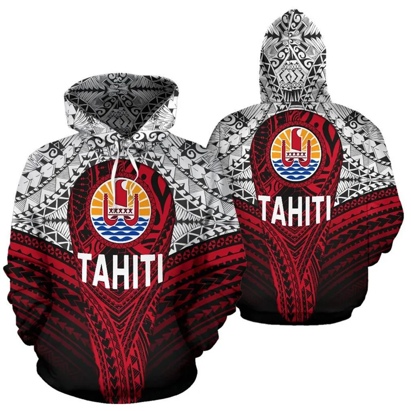 French Polynesia Tahiti Map Flag 3D Print Hoodies Tahiti Ethnic Tattoo Styles Graphic Hooded Sweatshirts Vintage Mens Pullovers