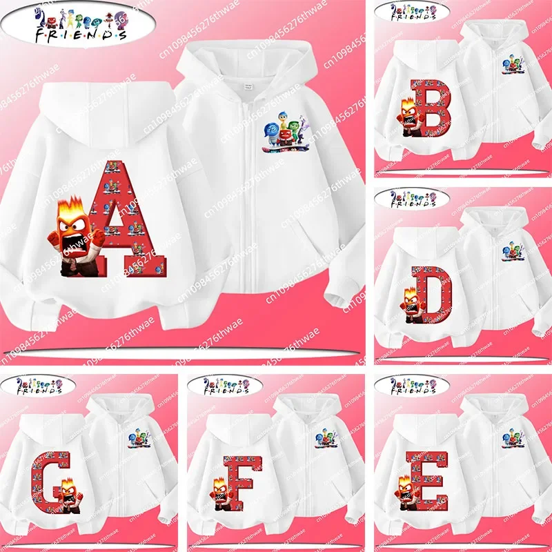 Letter A-Z Disney Kids Zippered Hooded Sweatshirt with Brainy Squad Cartoon Print Boys' and Girls' Casual Shirt for Sports