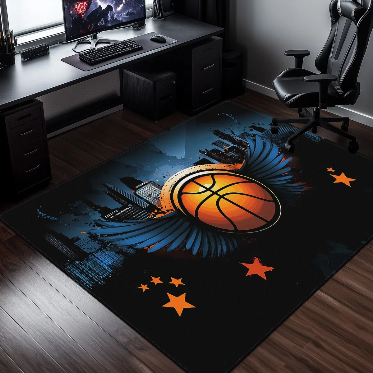 Basketball wing city skyline rug sports fan gift gaming roombackground orange stars 3D printed soft plush crystal velvet carpet