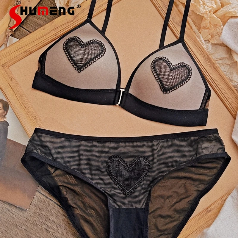 

Triangle Cup Lingerie Bra Set for Women French Style Sexy Pure Desire Brief Suits Female Lace Embroidery Thin Underwear