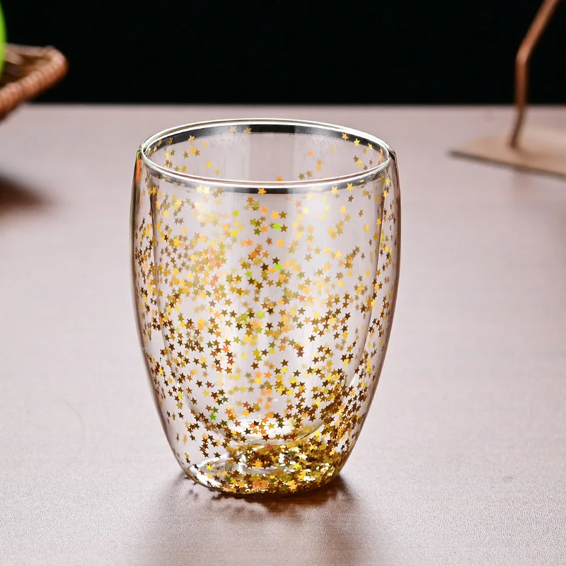 

Двойная кофейная чашка яркого цвета, чашка с зыбучим песком для домашнего офиса, Золотая звезда, чашка для сока, изолированная чашка для чая с молоком, звездная прозрачная стеклянная чашка для молока