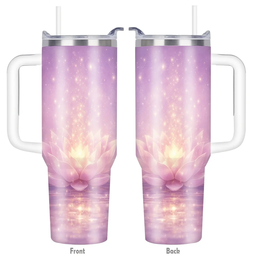 1pc/40oz/1100ml/Double Wall Insulated Stainless Steel Tumbler with Lid And Handle,Coffee Travel Mug,Luminous Pink for Lotus Pattern,Sparkling Star Accents,Dreamy Lavender Background,Festive Gift,Perfect for Seasonal Celebrations