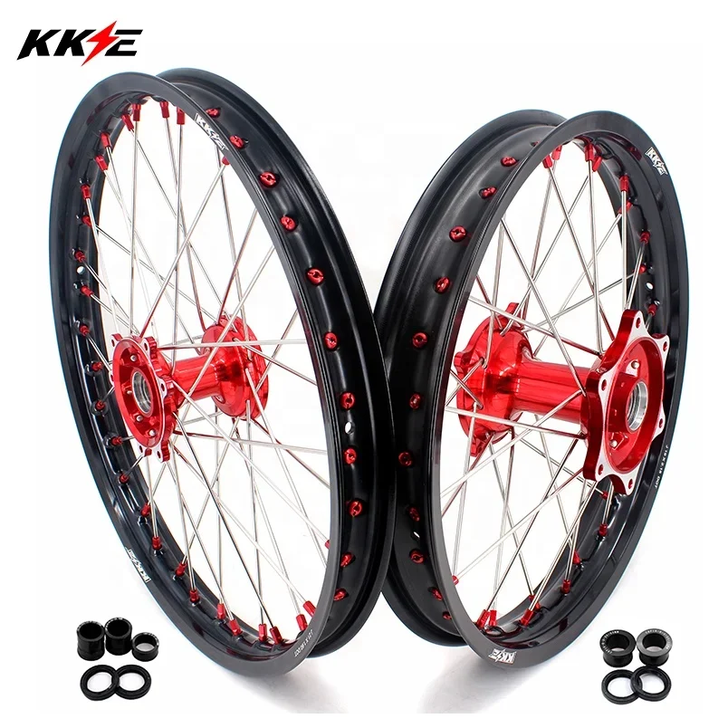 KKE Motorcycle 21/19 Casting Aluminum Spoked Wheels Rims Fit Honda CRF250R 2004-2013 CRF450R 2002-2012  Red Hub Black Rim