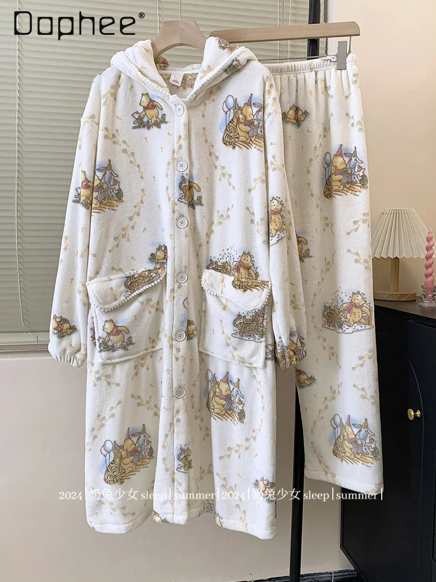 

Cute Cartoon Print Coral Fleece Pajamas Women Winter 2024 New Hooded Medium Length Robes and Pajama Pants Loungewear