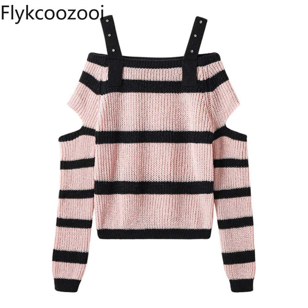 Sweet and Spicy Color Stripes A Line Shoulder Knitted Sweater Women's New Winter Loose on Clothes Regulai Fit Pull Coreen