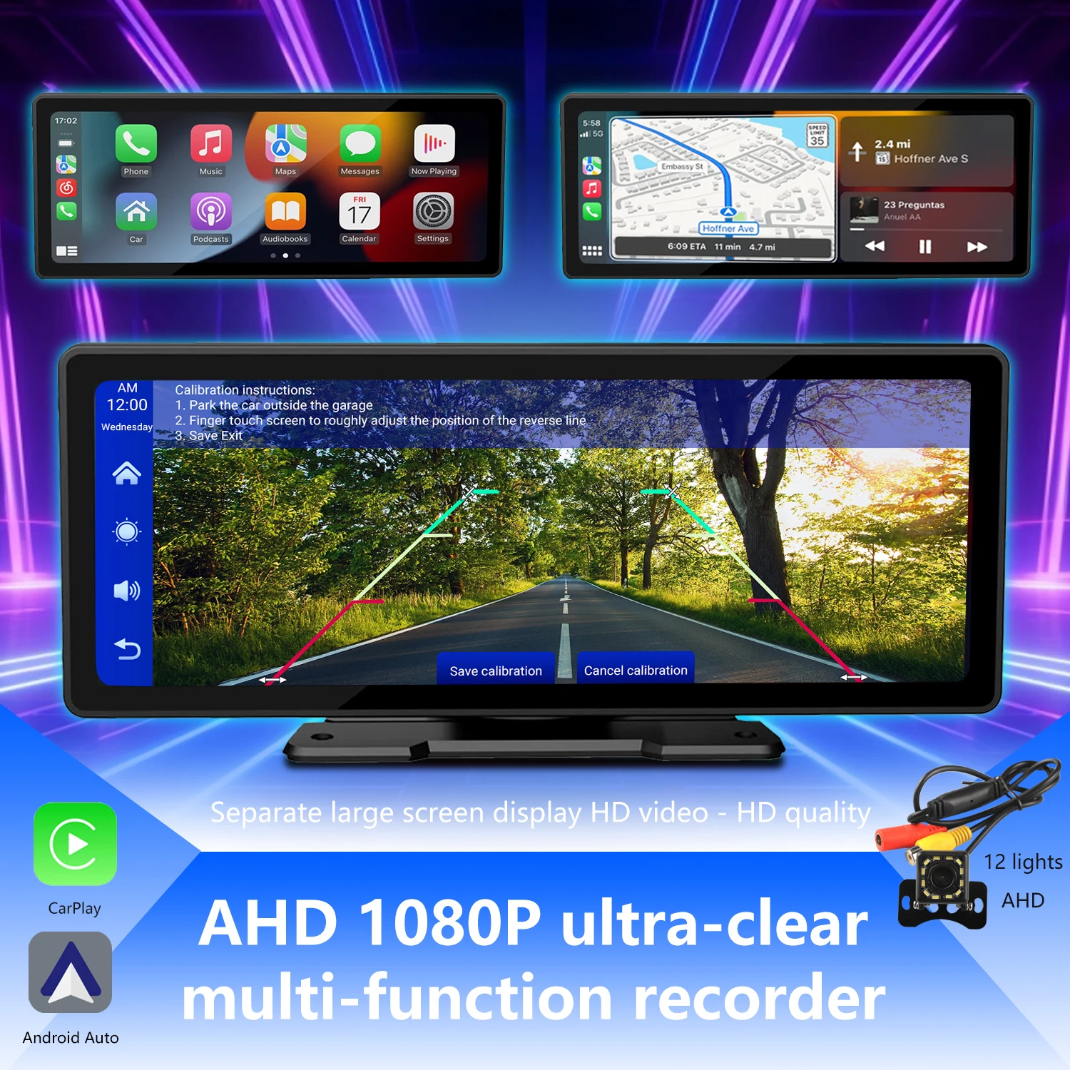 

10.26 inch only screen Dash Cam Wireless Carplay & Android Auto GPS Navigation Video Recorder Dashboard Dual Lens Wifi FM AUX