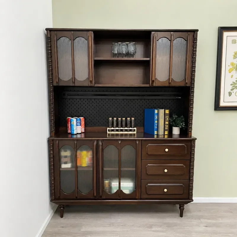French Retro Side Cabinet Pure Solid Wood Vintage Style Multi Functional Storage Cupboard for Tea Coffee Wine Restaurant Home