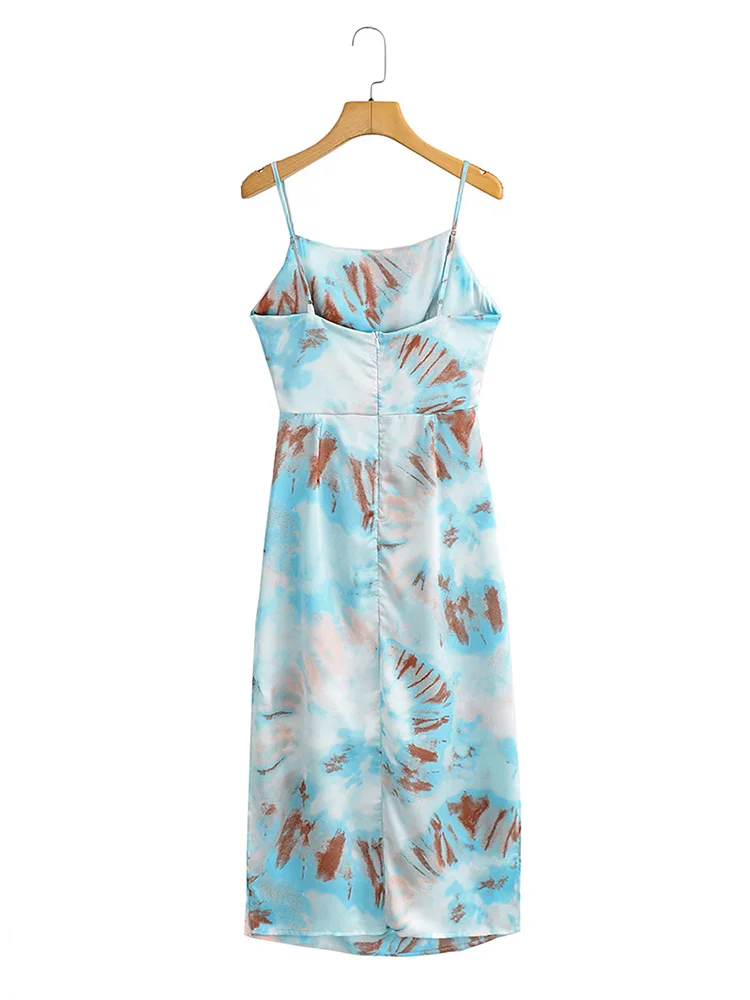 Vestido de verano para mujer 2022 tirantes finos tie dye estampado abertura lateral sexy midi vestido cintura recortada encaje hasta noche fiesta ceñido al cuerpo vestido