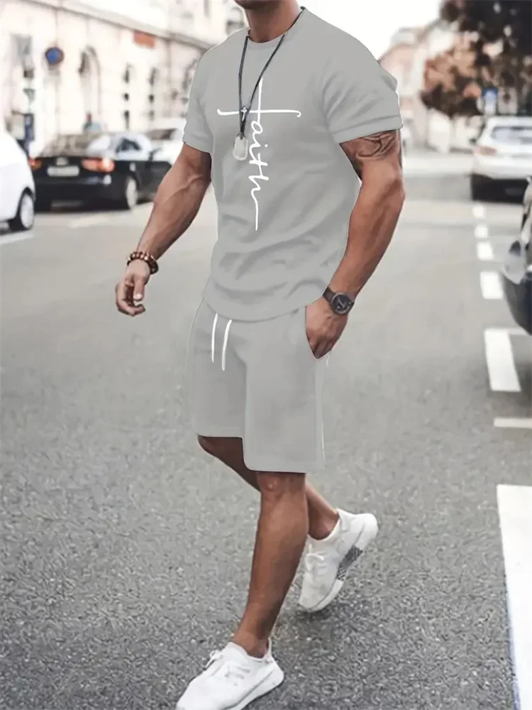 Two Pieces Oversized Outdoor Beach Sports Men's Plus Size Suit Mens T Shirt Shorts Set Fashion Mens Cross Printed Short Sleeve