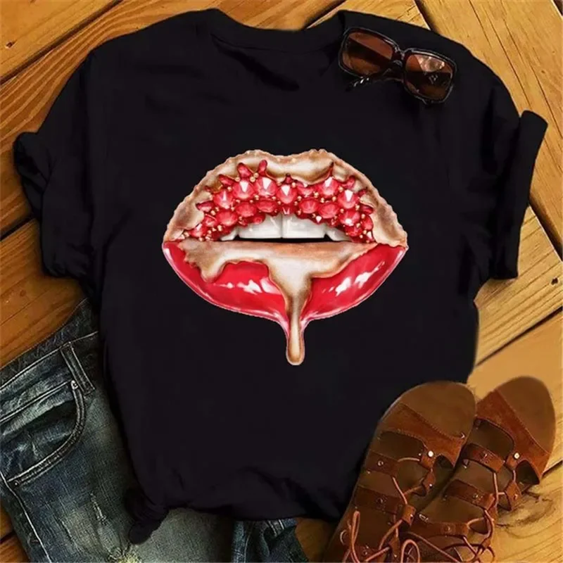 Moda lábios imprimir camiseta feminina casual manga curta o pescoço solto camiseta feminina senhoras camiseta topos roupas mujer