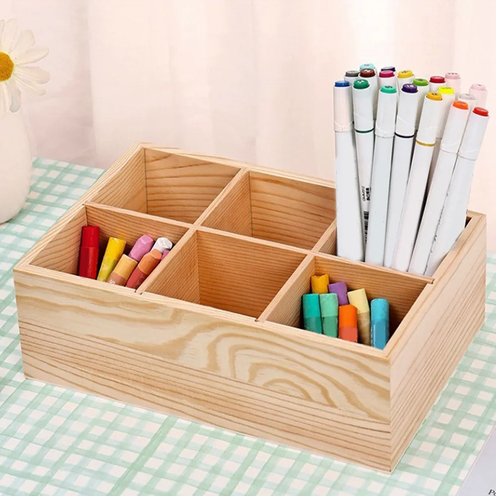 2Pcs Wooden Desk Organizer with 6 Compartments Multifunctional Pencil Marker Watercolor Pen Holder for Artists Students Teachers